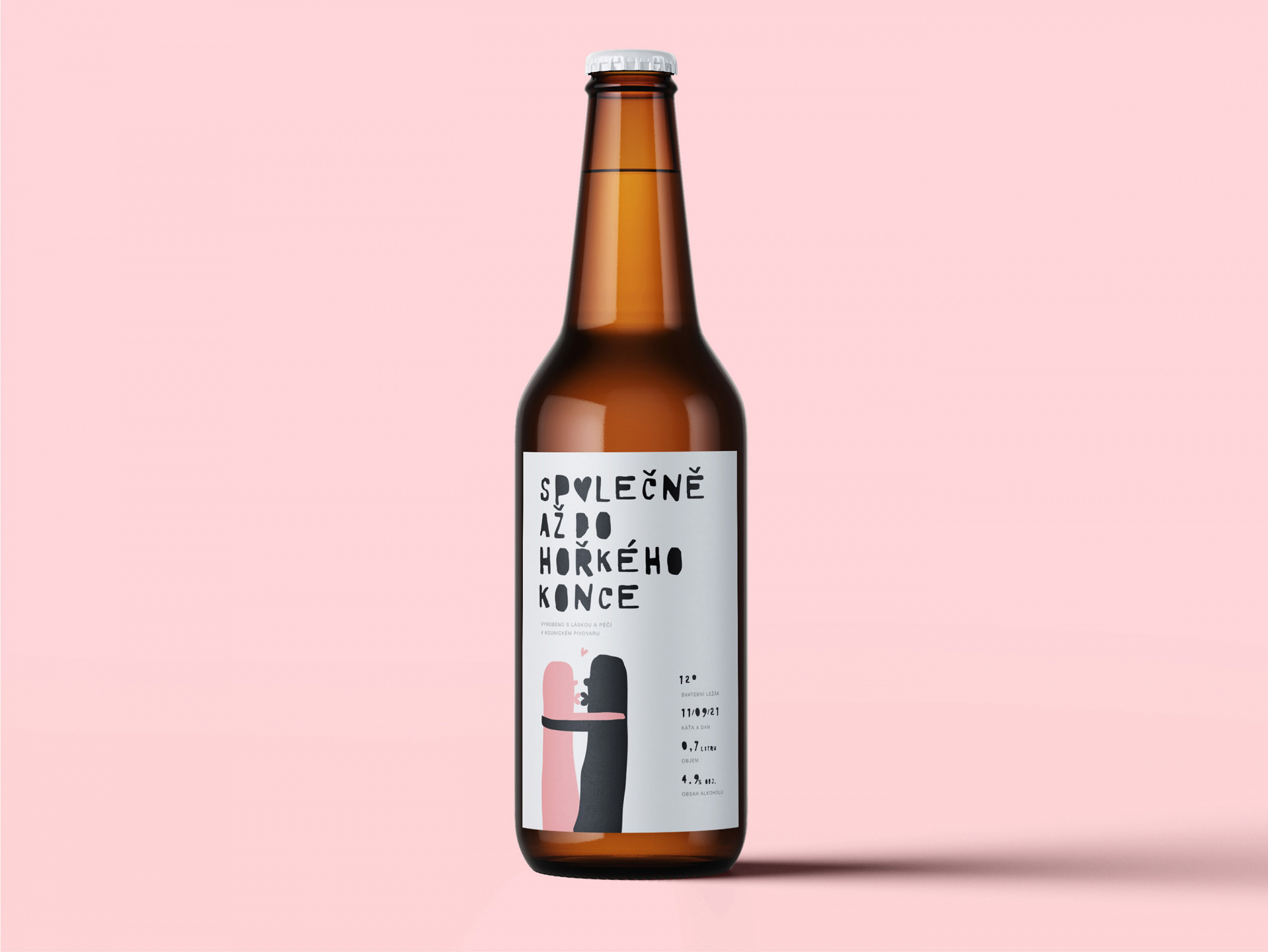 Together to the bitter end #-# Packaging design #-# Our impression of the wedding beer for Katya Martínková, now Skoková, who together with her husband are home brewers, so they decided to give away a lager from Kounice brewery. It didn't necessarily have to be serious, so we gave appropriate love and care to the design, though.